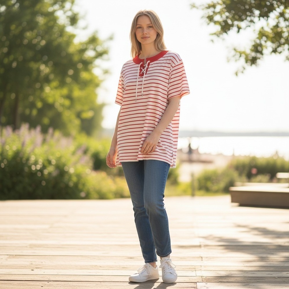 American Sportif Retro Nautical Striped Lace-Up Short Sleeve Top Red White M